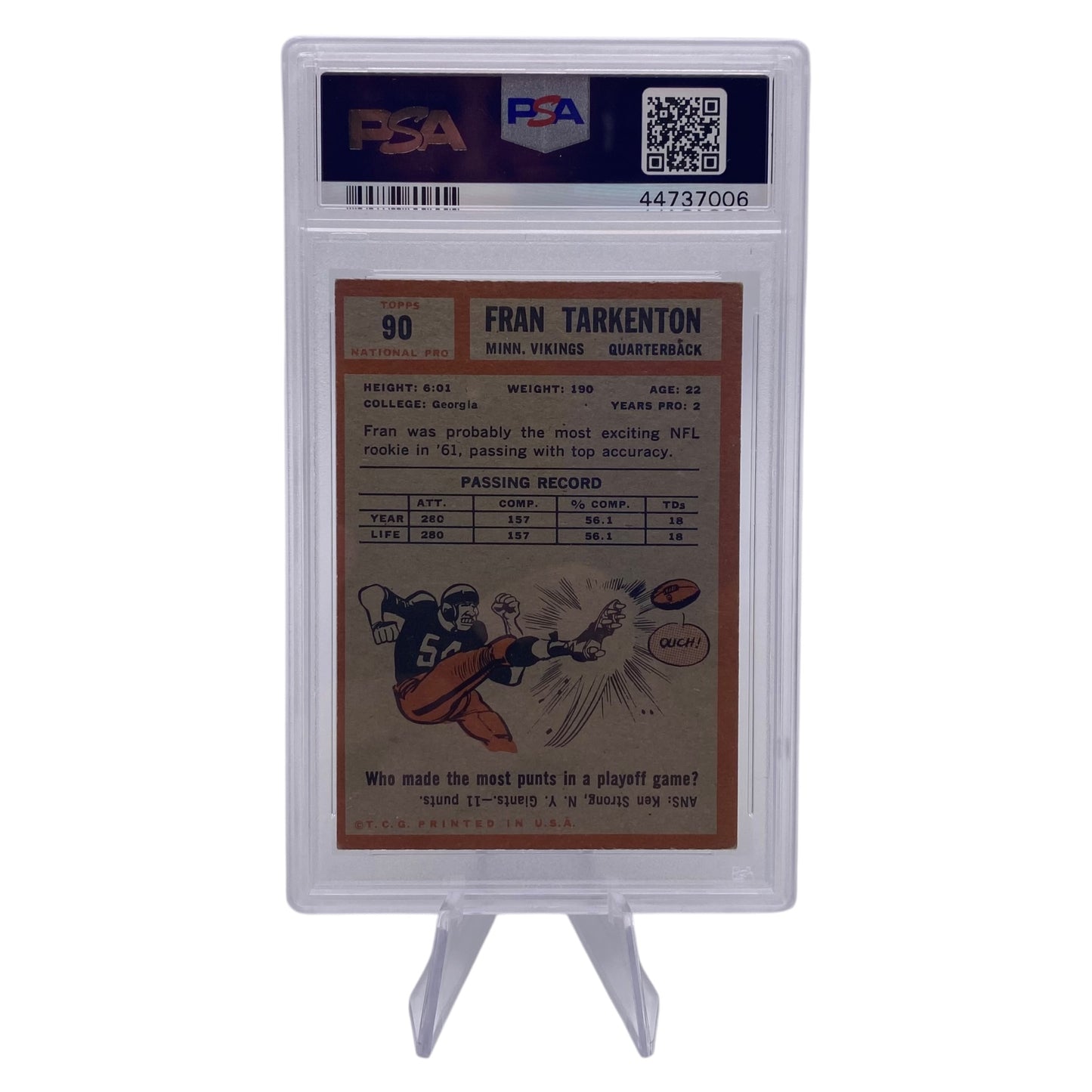 Fran Tarkenton Signed 1962 Topps #90 Minnesota Vikings Rookie Card PSA/DNA 3 Autograph 10
