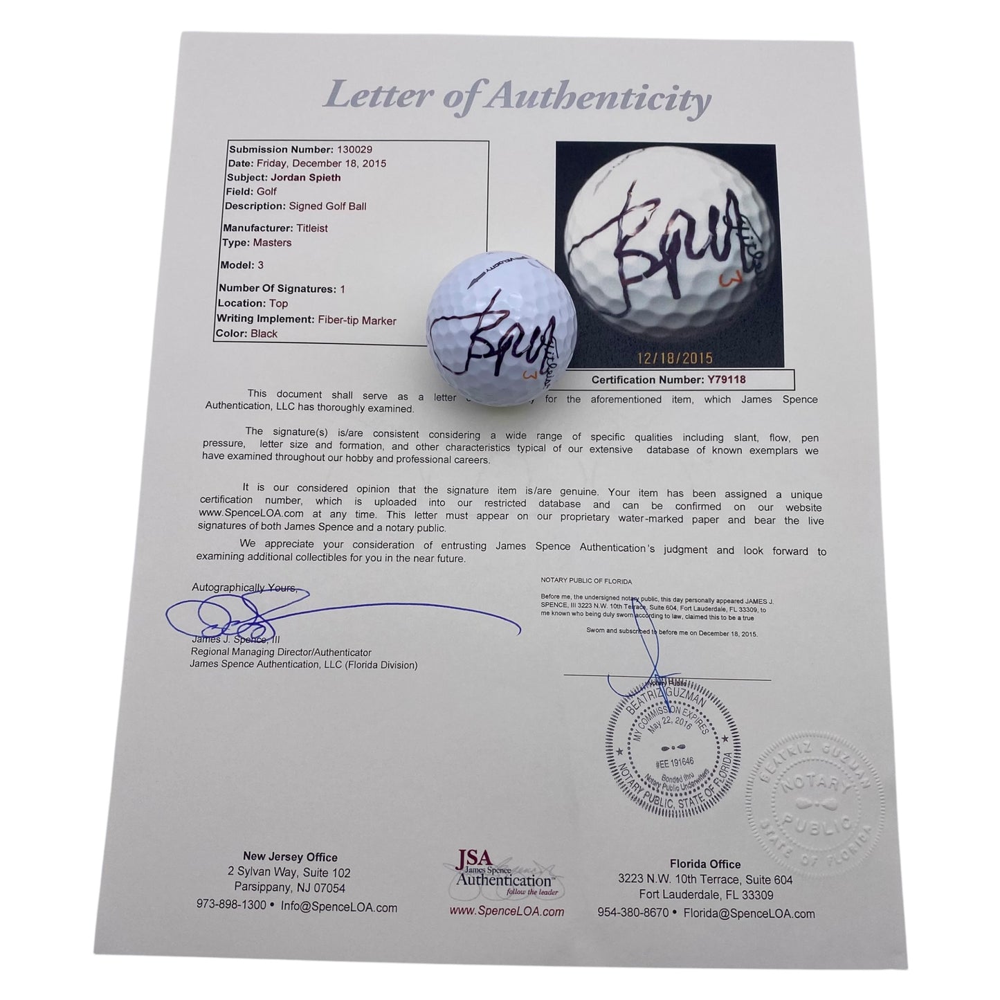 Jordan Spieth Signed The Masters Golf Ball