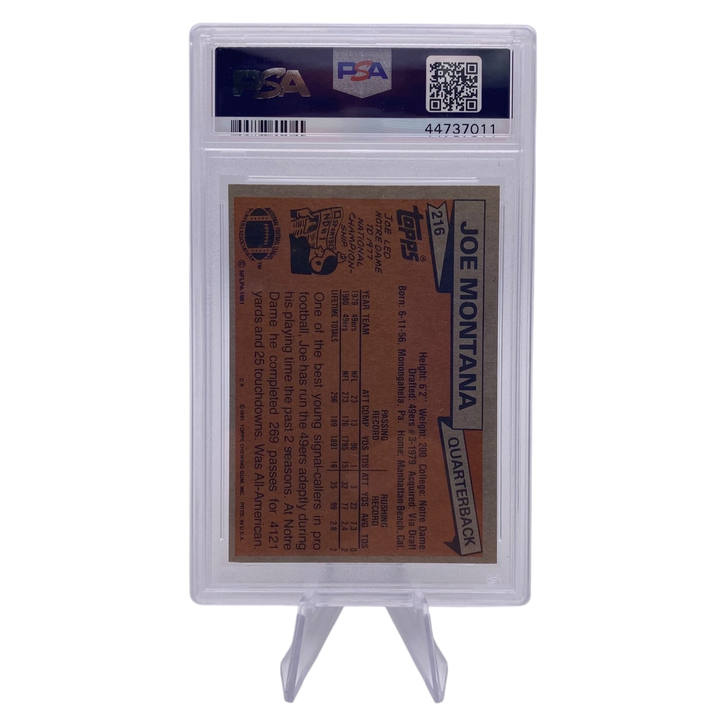 Joe Montana Signed 1981 Topps #216 San Francisco 49ers Rookie Card PSA/DNA 7 Autograph 10