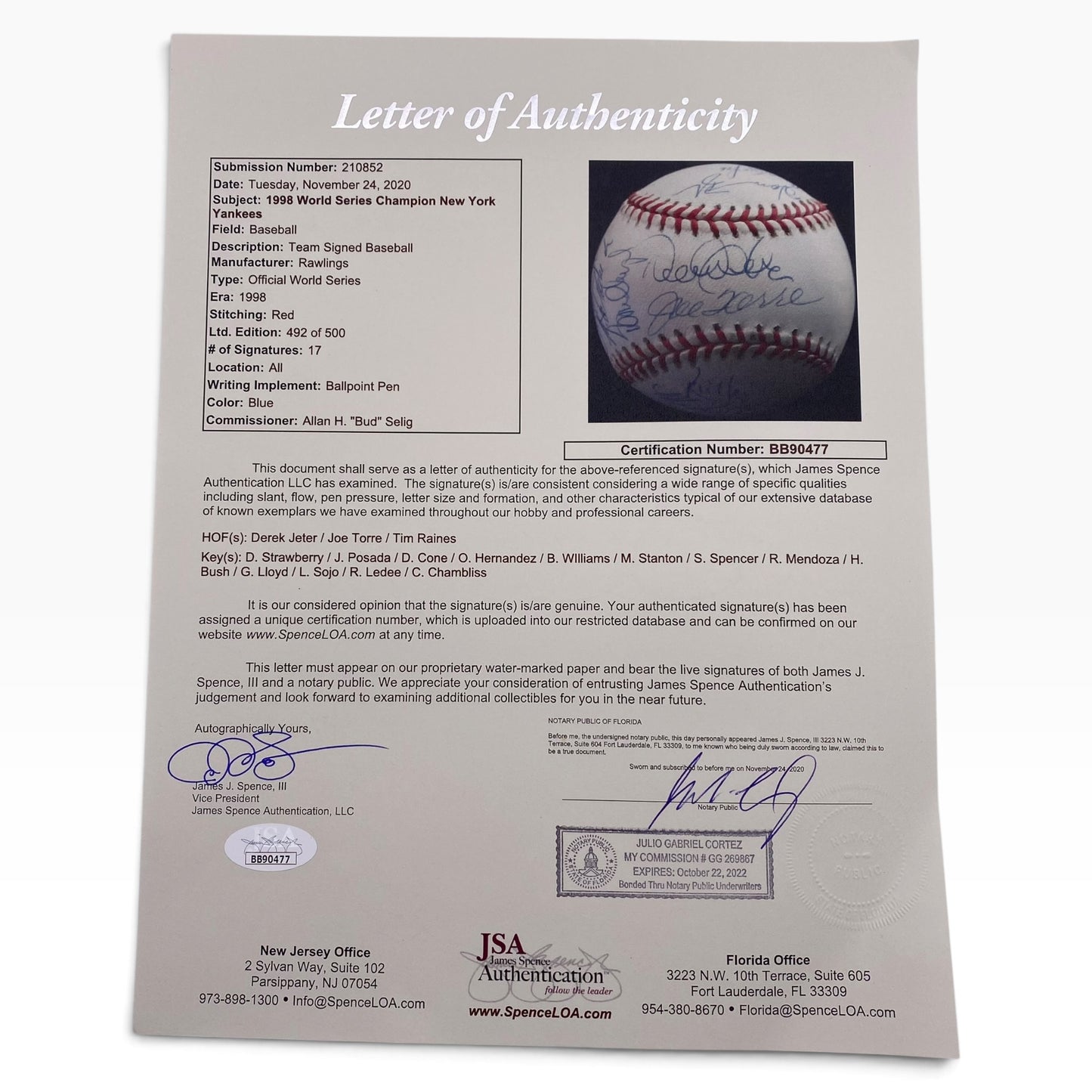 1998 New York Yankees Team Signed Official 1998 World Series Baseball