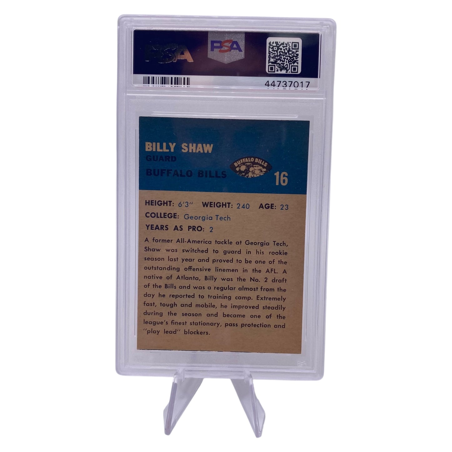 Billy Shaw Signed 1962 Fleer #16 Buffalo Bills Rookie Card PSA/DNA 7 Autograph 10