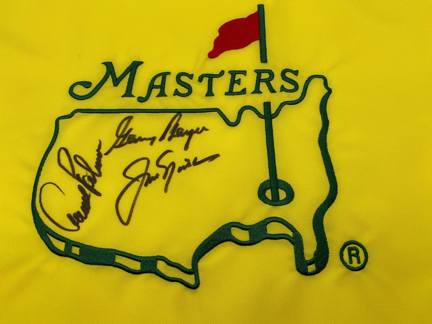 The Big 3 Signed Undated Masters Pin Flag - Arnold Palmer, Jack Nicklaus, Gary Player