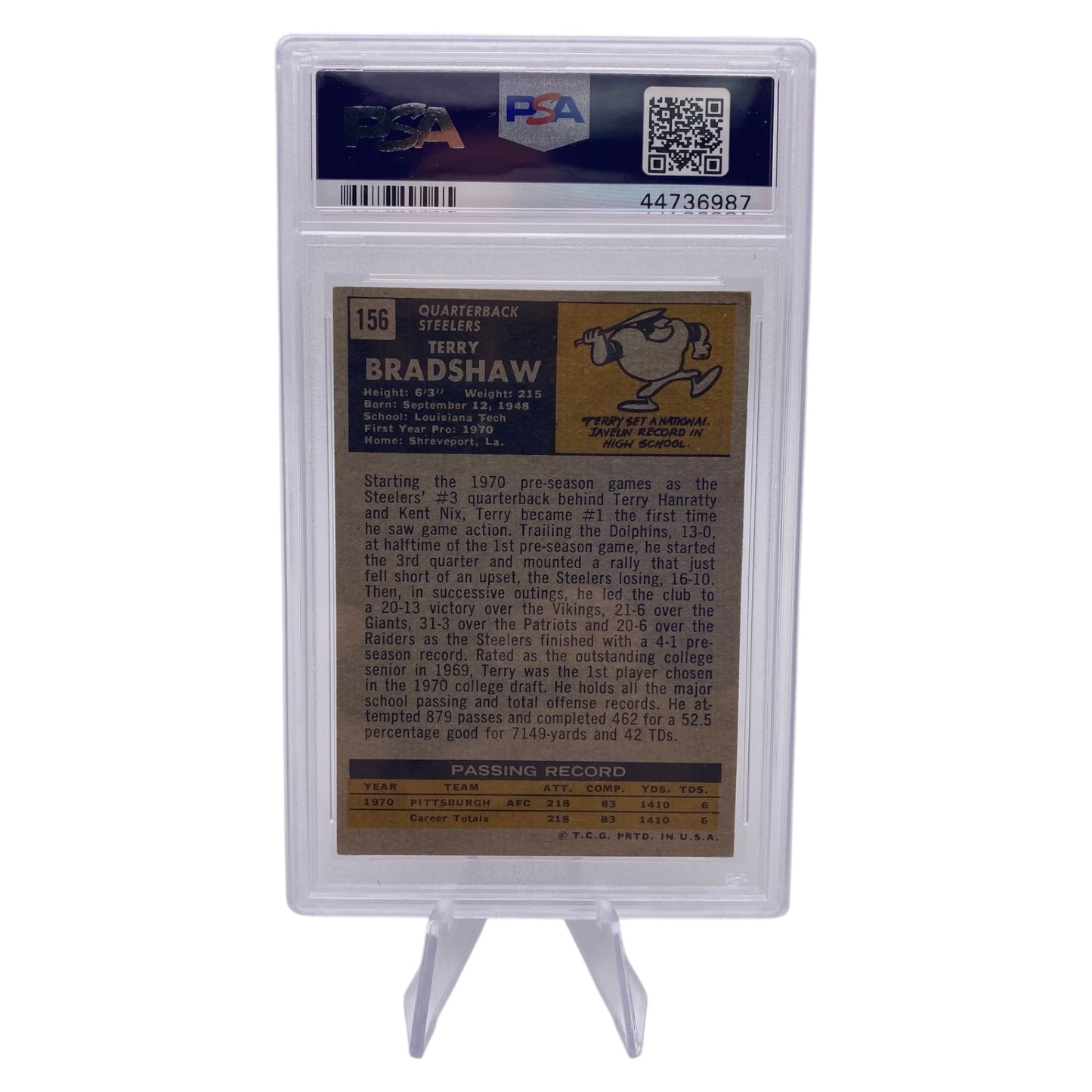 Terry Bradshaw Signed 1971 Topps #156 Pittsburgh Steelers Rookie Card PSA/DNA 3 Autograph 10
