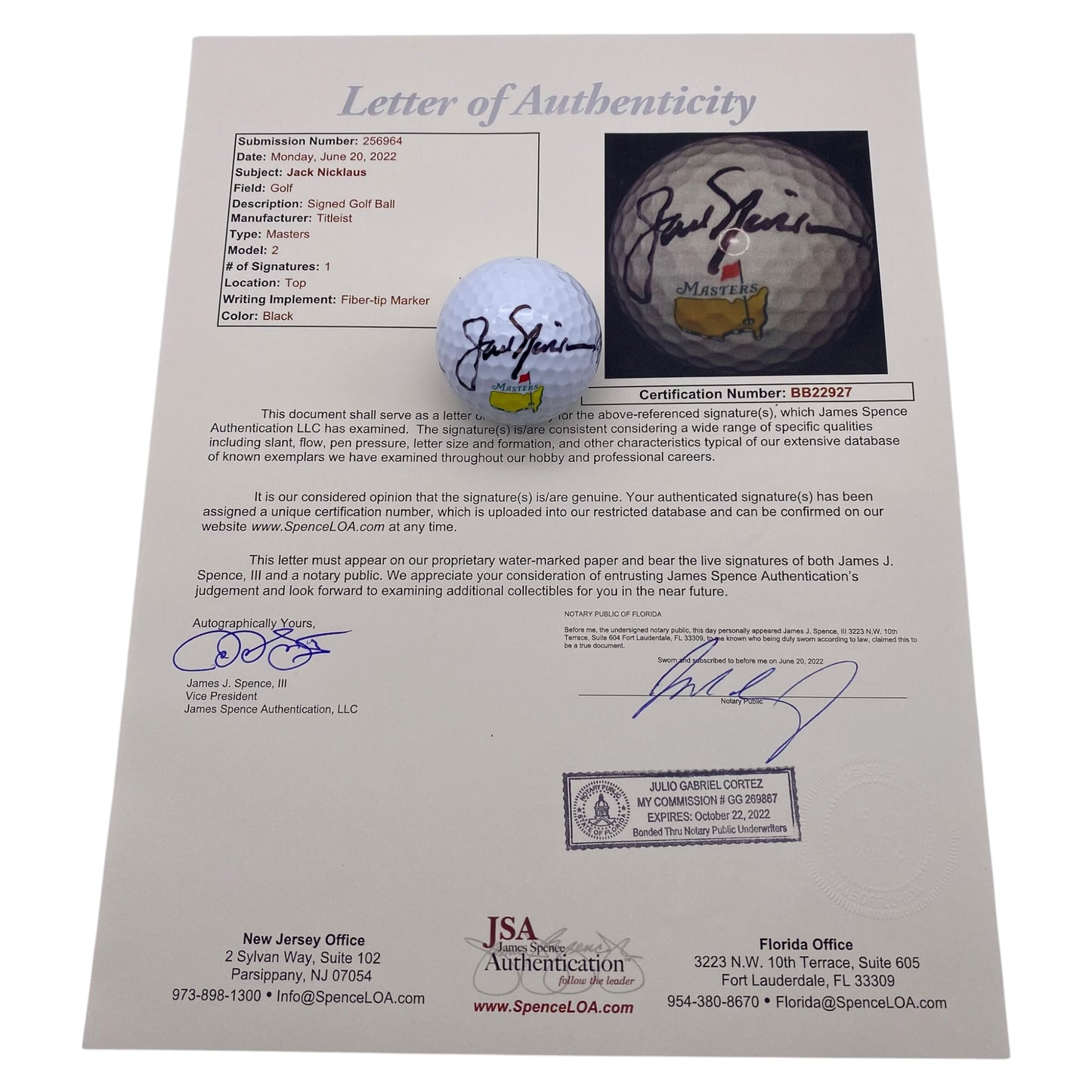 Jack Nicklaus Signed The Masters Golf Ball