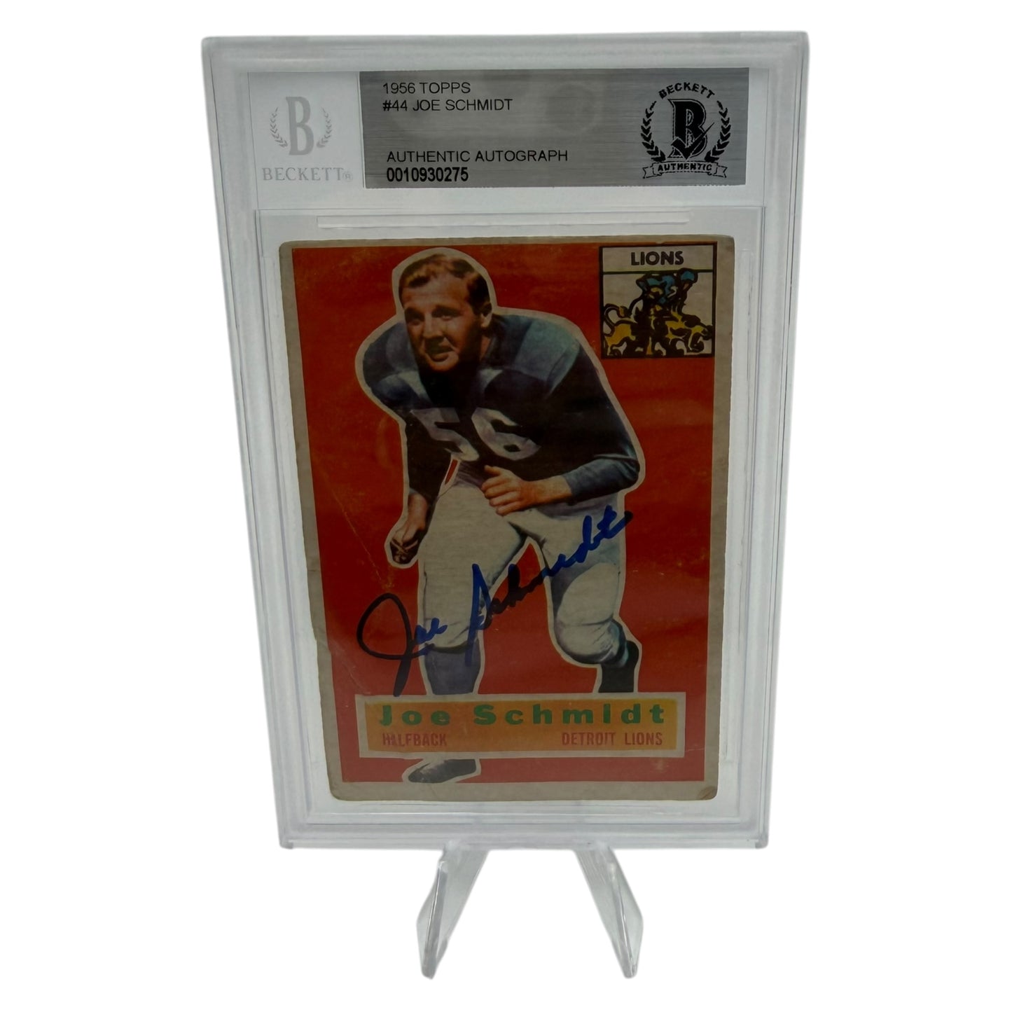 Joe Schmidt Signed Detroit Lions 1956 Topps Rookie Trading Card Beckett Slabbed