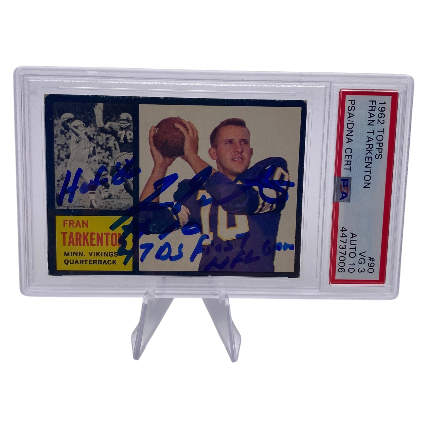Fran Tarkenton Signed 1962 Topps #90 Minnesota Vikings Rookie Card PSA/DNA 3 Autograph 10