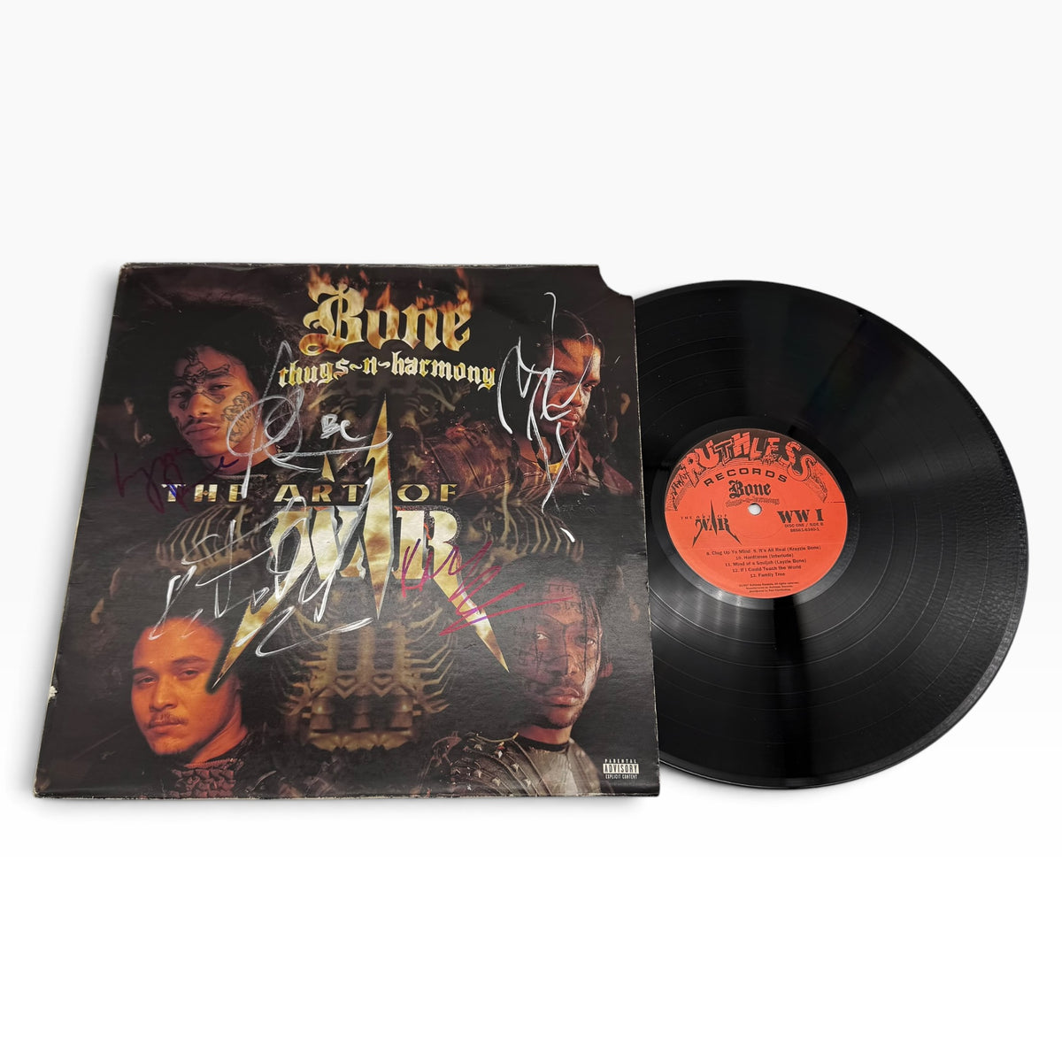 Bizzy Bone, Krayzie Bone, Layzie Bone, Wish Bone, Flesh N Bone Bone Thugs N Harmony The Art of War Signed Vinyl Record Album Cover
