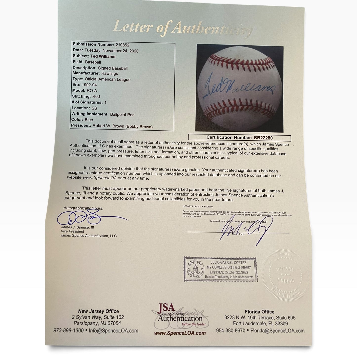 Ted Williams Signed Official American League Baseball