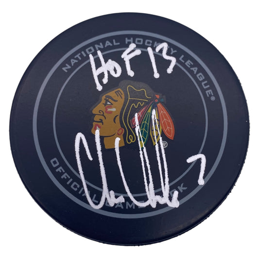 Chris Chelios Signed Chicago Blackhawks Game Model Hockey Puck